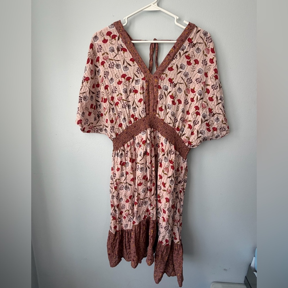 easel Pinkish Tan Floral Midi Dress with Rust Trim